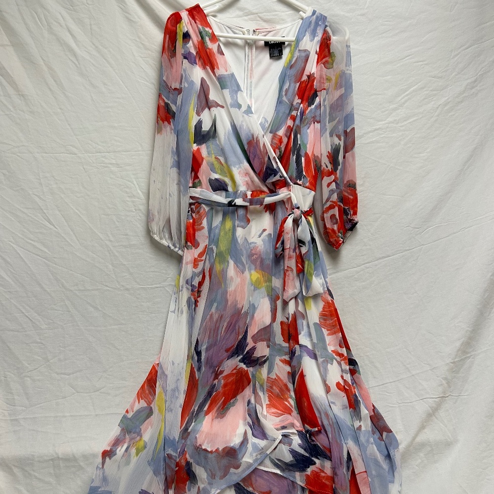 DKNY Long Sleeve Floral Wrap Dress in White, Red, Lavender